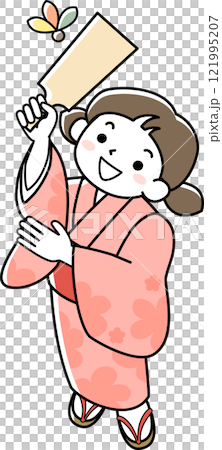 着物を着て羽根つきをする笑顔の女の子 121995207