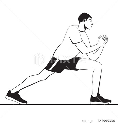 A clean and minimal black and white vector illustration of a man performing a stretching exercise. The figure features a dynamic lunge pose with clasped hands, emphasizing fitness and flexibility A clean and minimal black and white vector illustration of a man performing a stretching exercise. The figure features a dynamic lunge pose with clasped hands, emphasizing fitness and flexibility 121995330