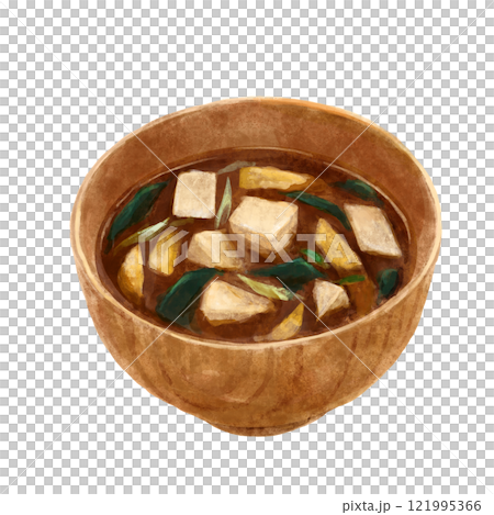 Red miso soup in a wooden bowl (tofu, wakame seaweed, green onion, and fried tofu) 121995366