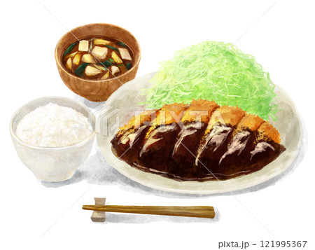 キャベツが大盛の味噌カツ定食のイラスト 121995367