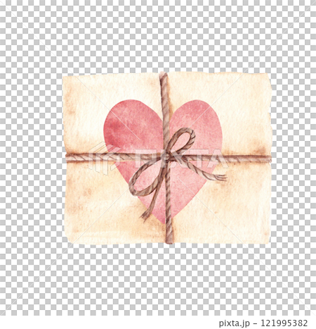 Old Vintage Love Letters with pink Heart tied with Cord or Twine. Hand drawn Watercolor illustration isolated on a white background. For cards, flyers, invitations and scrapbooking. 121995382