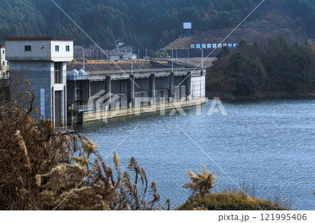 極寒の奈良布目ダム鉛色の空から陽春まで　枯草越しに見える布目ダム 121995406