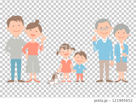 A full-body illustration of a family of six across three generations and their pets. The simple and cute colors are cute. 121995652