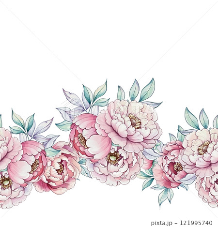 A beautiful arrangement of soft pink peonies with gentle green leaves showcases a delicate watercolor style, perfect for inspiring creativity seamless pattern, ornament A beautiful arrangement of soft pink peonies with gentle green leaves showcases a delicate watercolor style, perfect for inspiring creativity seamless pattern, ornament 121995740