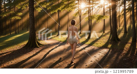 秋の森林を散歩する女性 121995789