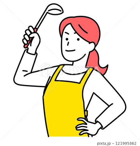 おたまを構えるエプロン姿の女性 121995862