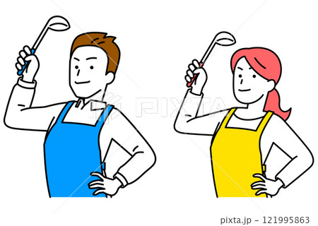 おたまを構えるエプロン姿の男女　セット 121995863