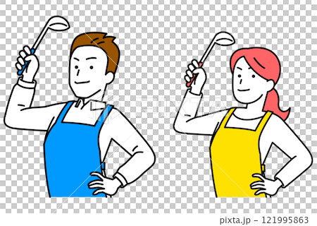 Set of men and women wearing aprons holding ladles 121995863