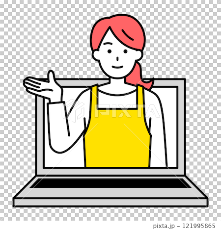 A woman in an apron providing online support 121995865