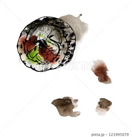 Traditional Japanese food, sushi rolls raw fish spicy unagi maki, cucumber avocado, soy sauce teriyaki stains drops, hand drawn in watercolor, ink. Elements for restaurant, cafe menu, recipe book 121995879