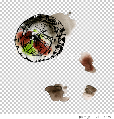 Traditional Japanese food, sushi rolls raw fish spicy unagi maki, cucumber avocado, soy sauce teriyaki stains drops, hand drawn in watercolor, ink. Elements for restaurant, cafe menu, recipe book 121995879