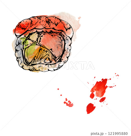 Traditional Japanese food, sushi rolls raw fish tempura shrimp, salmon tuna avocado, stains drops, philadelphia alaska hand drawn in watercolor and ink. Elements for restaurant, cafe menu, recipe book 121995880