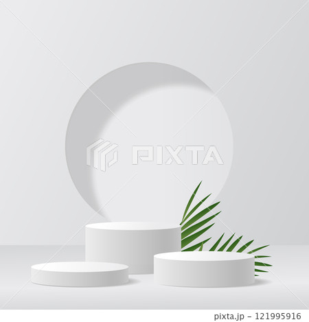 Modern Minimalist White Pedestal Display with Tropical Palm Leaf. Vector 121995916