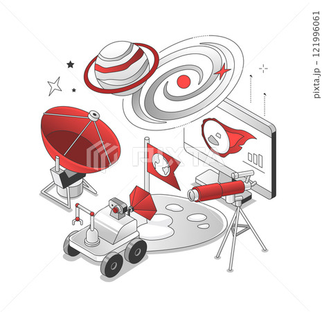 Uncharted planets- isometric black and red line illustration 121996061