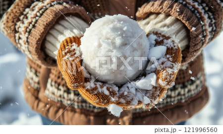 Close-up of hands wearing knitted gloves holding a snowball on snowy winter background. 121996560