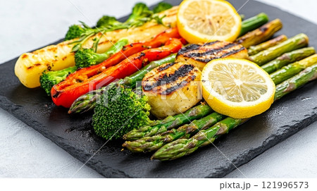Grilled seasonal veggies like asparagus and broccoli, garnished with lemon slices 121996573