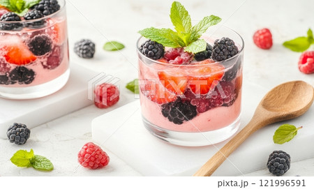 Colorful spring berry smoothie delights with fresh fruits, mint sprigs, and a minimalist presentation on marble 121996591