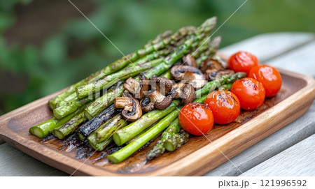 Grilled asparagus, cherry tomatoes, and mushrooms on a wooden plate showcase fresh spring flavors, spring food concept 121996592