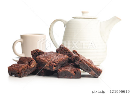 Homemade chocolate brownies and coffee cup isolated on white background. 121996619