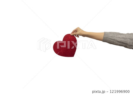 Female hands in a gray sweater hold a red shiny heart. Template for designers, white background Female hands in a gray sweater hold a red shiny heart. Template for designers, white background 121996900