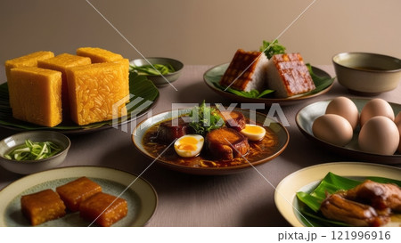 Traditional Asian meal with golden rice and pork belly  121996916