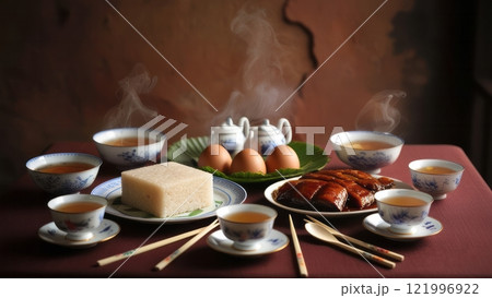Asian Meal with Rice Cakes, Boiled Eggs, Braised Pork, and Steaming Cups of Tea Asian Meal with Rice Cakes, Boiled Eggs, Braised Pork, and Steaming Cups of Tea 121996922