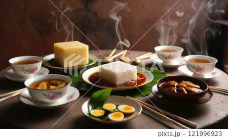 Traditional Asian Meal with Rice Cakes, Boiled Eggs, and Flavorful Side Dishes Traditional Asian Meal with Rice Cakes, Boiled Eggs, and Flavorful Side Dishes 121996923
