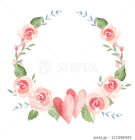 Valentine's day or Wedding floral Wreath from Couple of Hearts, Pink Roses and Branches. Circle Frame, Border. Simple painting isolated on a white background. Love and Romantic illustration for cards Valentine's day or Wedding floral Wreath from Couple of Hearts, Pink Roses and Branches. Circle Frame, Border. Simple painting isolated on a white background. Love and Romantic illustration for cards 121996985