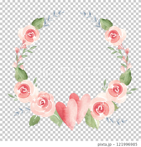 Valentine's day or Wedding floral Wreath from Couple of Hearts, Pink Roses and Branches. Circle Frame, Border. Simple painting isolated on a white background. Love and Romantic illustration for cards Valentine's day or Wedding floral Wreath from Couple of Hearts, Pink Roses and Branches. Circle Frame, Border. Simple painting isolated on a white background. Love and Romantic illustration for cards 121996985