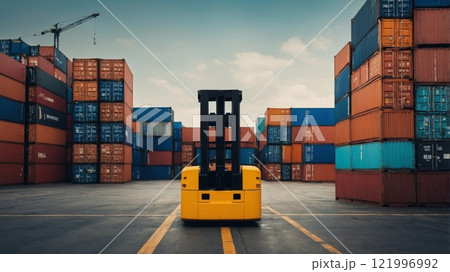 Cargo containers against the backdrop of a port landscape, customs control in the background. 121996992