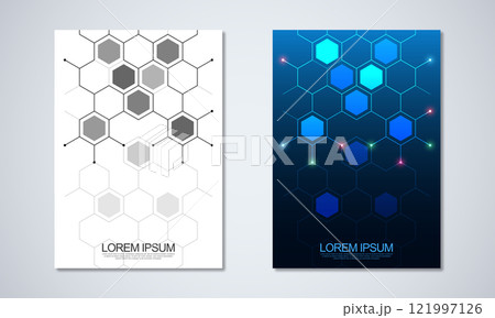 Abstract geometric background with hexagons shape pattern for a business brochure or cover book, page layout, flyer design, and poster template Abstract geometric background with hexagons shape pattern for a business brochure or cover book, page layout, flyer design, and poster template 121997126