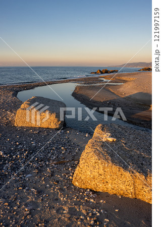 Beach with a small river, Spadafora, Sicily, Italy 121997159