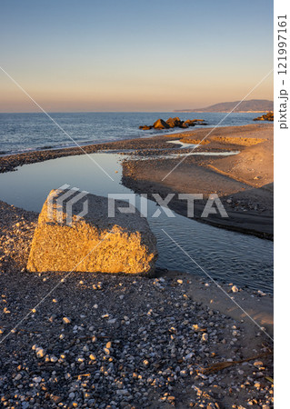 Beach with a small river, Spadafora, Sicily, Italy 121997161