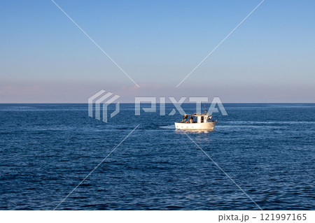 White boat on the sea, Sicily, Italy 121997165