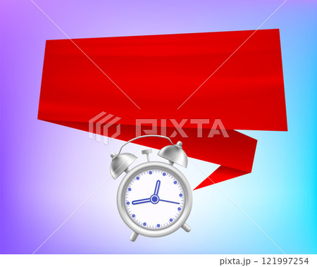Alarm clock on a background of empty banner Alarm clock on a background of empty banner 121997254
