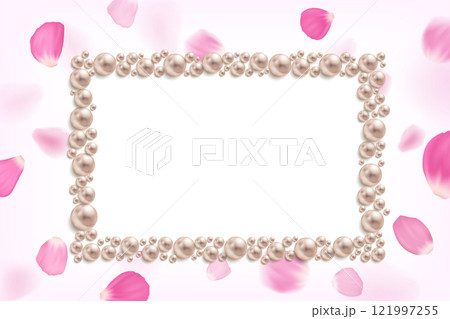 Frame from pearls on a background of flower petals. 121997255