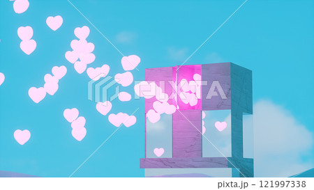 Abstract winter landscape with building and heart balloons. Valentine's day concept. 3d rendering 121997338