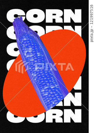 Poster. Contemporary art collage. Blue corn on bold red shape with repeated CORN text, celebrating creativity and innovation in organic planting practices. 121997516
