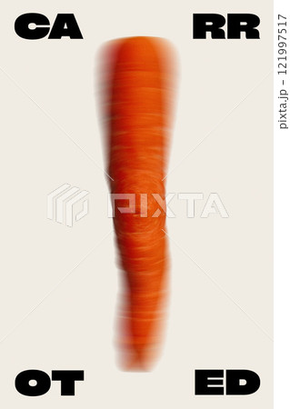 Conceptual graphic design. Carrot elongated with motion blur, black text reading CA-RR-OT, symbolizing dynamic growth and energy in gardening. 121997517