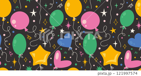 Seamless pattern with Various shapes Inflatable helium balloons and stars. Bright Festive party decor. Trendy modern vector illustration on black background, hand drawn, flat design 121997574