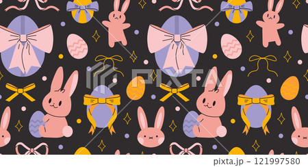 Seamless pattern with cute rabbits, Easter eggs, bows and stars. Traditional holiday decor. Trendy modern vector illustration on black background, hand drawn, flat design Seamless pattern with cute rabbits, Easter eggs, bows and stars. Traditional holiday decor. Trendy modern vector illustration on black background, hand drawn, flat design 121997580