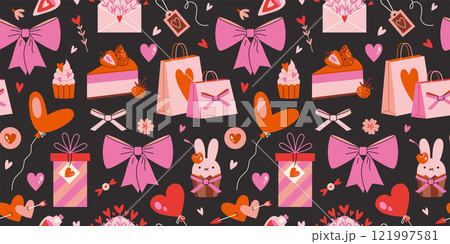Happy Valentines Day Seamless pattern with Romantic objects like hearts, balloons, gifts, bow and sweets. Holiday decor. Trendy modern vector illustration on black background, hand drawn, flat design Happy Valentines Day Seamless pattern with Romantic objects like hearts, balloons, gifts, bow and sweets. Holiday decor. Trendy modern vector illustration on black background, hand drawn, flat design 121997581
