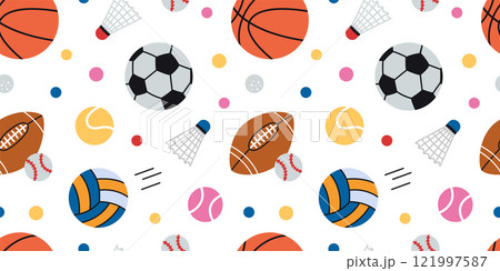 Seamless pattern with balls for basketball, American football, baseball, tennis, volleyball, soccer and shuttlecock for badminton. Sports games. Vector illustration on white background, flat design 121997587