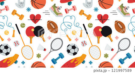 Seamless pattern with Sports equipment. Cardio, running and strength training. Jump rope, sneaker, dumbbell, balls, rackets and skateboard. Trendy modern vector illustration on white background, flat 121997589