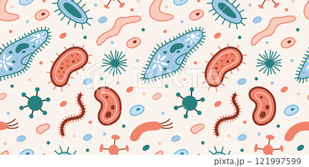 Seamless pattern with simplest unicellular organisms, bacteria and viruses, microorganisms under a microscope. Trendy modern vector illustration on light background, hand drawn, flat design 121997599