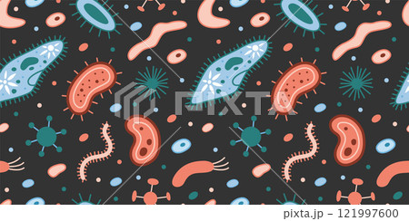 Seamless pattern with simplest unicellular organisms, bacteria and viruses, microorganisms under a microscope. Trendy modern vector illustration on black background, hand drawn, flat design Seamless pattern with simplest unicellular organisms, bacteria and viruses, microorganisms under a microscope. Trendy modern vector illustration on black background, hand drawn, flat design 121997600