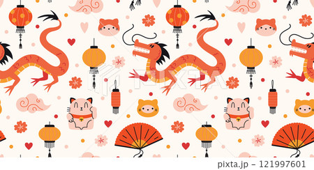 Seamless pattern with traditional oriental symbols of Asian culture such as red dragon, Chinese lanterns, fan and Neko cat. Trendy modern vector illustration on light background, hand drawn, flat 121997601