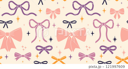 Seamless pattern with beautiful pastel ribbon bow, bowknot and stars. Coquette and balletcore aesthetic, girly accessory. Trendy modern vector illustration on light background, hand drawn, flat 121997609