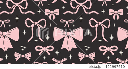Seamless pattern with beautiful pink ribbon bow, bowknot and stars. Coquette and balletcore aesthetic, girly accessory. Trendy modern vector illustration on black background, hand drawn, flat design Seamless pattern with beautiful pink ribbon bow, bowknot and stars. Coquette and balletcore aesthetic, girly accessory. Trendy modern vector illustration on black background, hand drawn, flat design 121997610