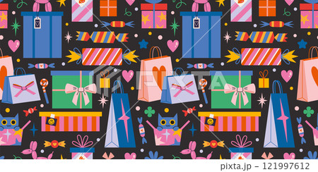 Seamless pattern with Festive gifts package, boxes and bags with decorations like ribbons and bows, wrapping paper. Trendy modern vector illustration on black background, hand drawn, flat design Seamless pattern with Festive gifts package, boxes and bags with decorations like ribbons and bows, wrapping paper. Trendy modern vector illustration on black background, hand drawn, flat design 121997612